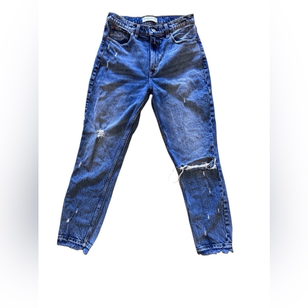 Abercrombie & Fitch The Mom High Rise Blue Jeans Distress Size 28/ 6L Pocket Zip